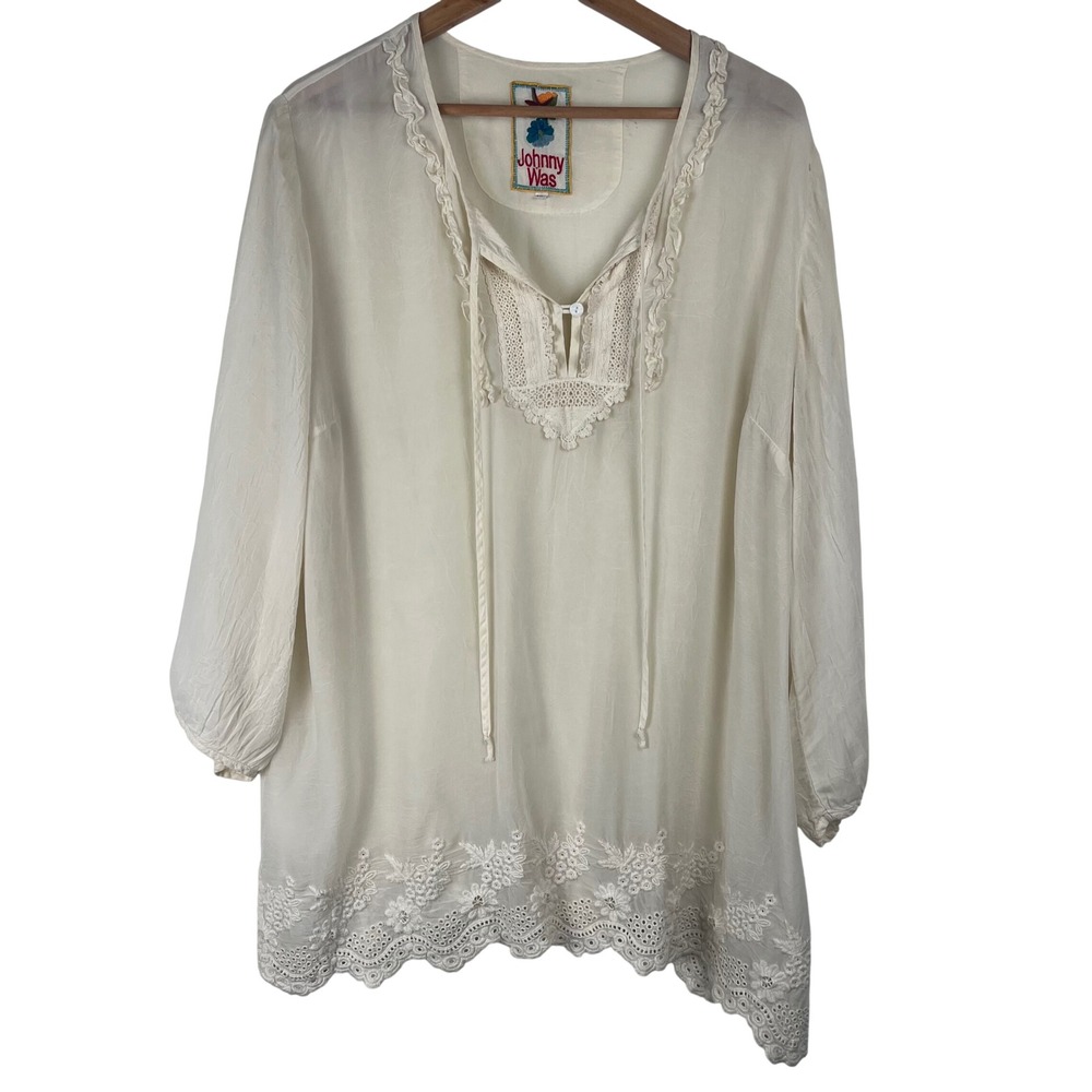 Johnny Was Ivory Eyelet Embroidered Lace Trim Boho Peasant Blouse XL Off White